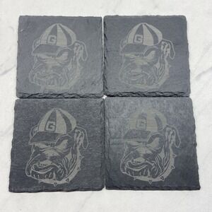 Set of 4 UGA‎ Georgia - Old School Bulldog Custom Laser Engraved Slate Coasters